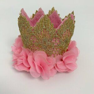 Baby First Birthday Hat Crown Gold Pink Roses w Elastic Small Photo Shoot Party